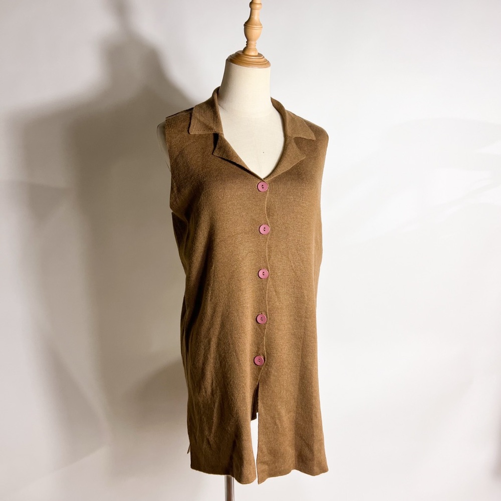 VINTAGE 90s Fine Wool Blend Brown Sleeveless Collared Tunic Cardigan